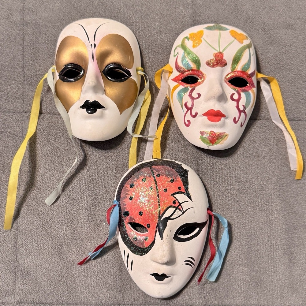 3 Vintage Mardi Gras Ceramic Hand Painted Matte Face Wall Masks